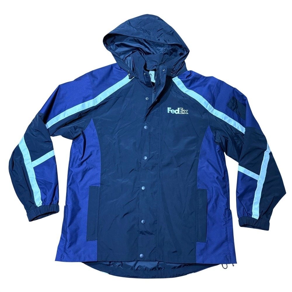 FedEx Stan Herman ClimateWear Navy Reflective Hooded Windbreaker Jacket XL M3-5